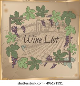 Wine list template with castle, vineyard and color grapevine frame on vintage background. Great for restaurants, cafes, bars, markets, grocery stores, organic shops, food label design.