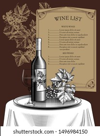 Wine list template with grapes, bottle, wineglass and paper sheet. Vintage color engraving stylized drawing. Restaurant menu template. Vector illustration