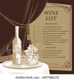 Wine list template with grapes, curtain, bottle, wineglass and paper sheet with a decorative frame. Vintage color engraving stylized drawing. Restaurant wine list template. Vector illustration