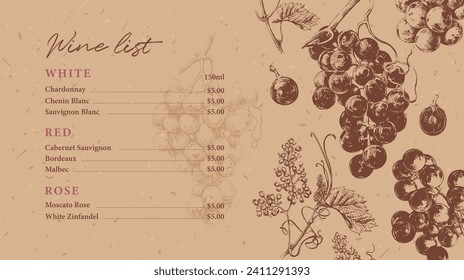 Wine list template with hand drawn elements. Vintage illustration of grape vines with leaves and flowers