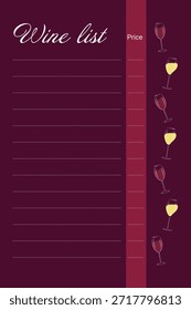 Plantilla con copas de vino tinto y blanco y líneas punteadas para el Precio y el diseño del menú de nombres. Ilustración vectorial Wine Day Menu o Bar Restaurant Carte Delivery o Web Precio Catálogo Design Idea