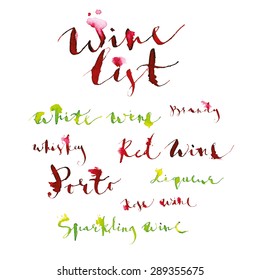 Wine list - Vector Titles of wines handwritten watercolor artistic style, isolated on white background