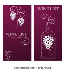Wine list. A vine with clusters of grapes. A bottle on the banner. Three glasses. The purple background. Alcohol menu. Vector illustration.