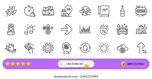 Wine, Loan percent and Teamwork process line icons for web app. Pack of Flights application, Anxiety, Petrol station pictogram icons. Night city, Consumption growth, Next signs. Search bar. Vector