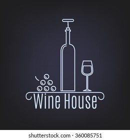 Wine logo with bottle, glass and grapes. blue-black. vector
