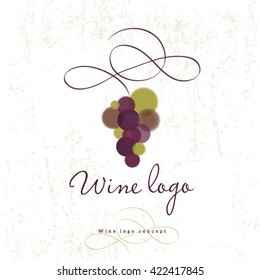 Wine logo concept. Wine store, wine cellar or restaurant logo. Grapes and curl isolated, on shabby background.
