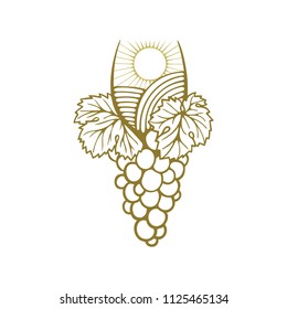 Wine logo concept. Sunny Valley in wine glass in grape. 
Sunny Valley Hand drawn illustration. 
Nature, meadows, sun and sky in wine glass.
Logo for wine shop, restaurant menu and winery branding.