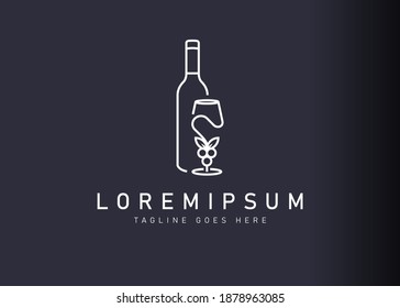 Diseño del logotipo del vino. Icono vectorial ilustración de la botella, vaso de vino, racimo de uvas. Diseño de logotipo moderno con estilo de arte lineal.