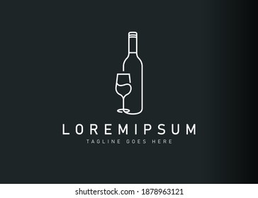 Wine logo design. Icon vector illustration of wine bottle and glass. Modern logo design with line art style.