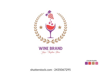 Wine logo design, premium quality red wine logo design liquor logo design with round leaf for label and packaging design editable vector print ready template download