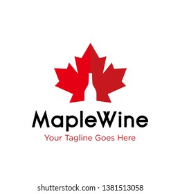 Wine logo design vector template illustration with red Canada maple leaf and wine bottle on negative space concept