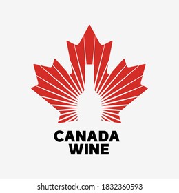 Wine logo design vector template illustration with red Canada maple leaf and wine bottle