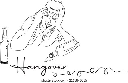 Wine logo, Drunk man vector, Sketch drawing of hangover man, line art silhouette of headache of man after driking wine