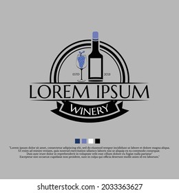 Wine logo, featuring bottle, glass and grapes.