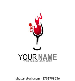 Wine logo, Fire and wine logo vector, Restaurant and cafe design illustration