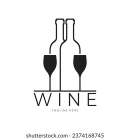 Logo del vino con copas de vino y botellas.para discotecas, bares, cafeterías y tiendas de vinos.