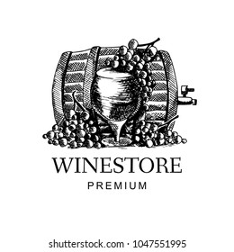 Wine logo with grape and wine cask in hand drawn style. Vector illustration design.
