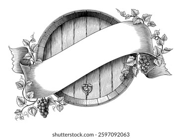 Wine logo label hand draw vintage engraving style black and white clip art isolated on white background