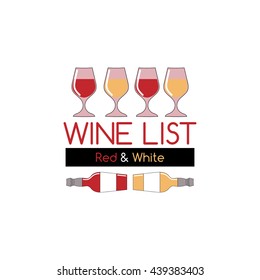 Wine logo or label for wine list, bar, vineyard or winery. Logo with glass and bottle.