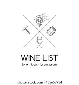 Wine logo or label for wine list, vineyard or winery. Wine list logo with glass, corkscrew, grape and wine barrel.