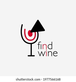 Wine logo. Logo for a liquor store, restaurant, bar. A glass of red wine with a target and an arrow that says "find wine". Vector illustration symbol.
