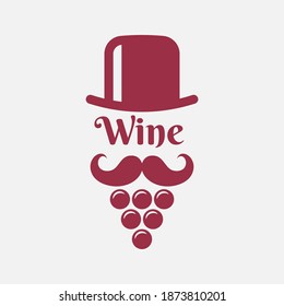 Wine logo with man beard - wine grape and hat on white background