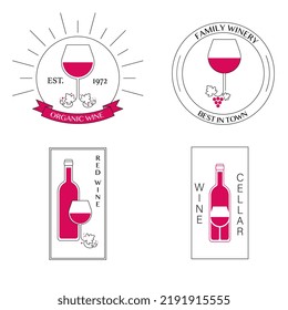 Logo del vino. Conjunto de logotipos para bodega, bodega, viñedos con vino, vid de uva y botella. Diseño mínimo 