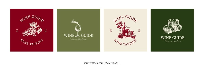 Wine logo set in sketch hand drawn graphic style. Retro drawing. Menu design, winery sign, vineyard emblem, alcohol bar symbol. Vector illustration
