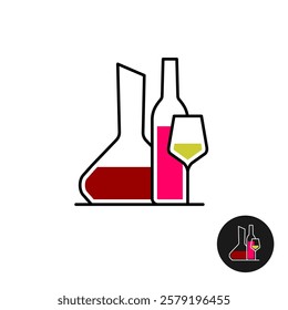 Wine logo. Wine tasting party line style elegant concept symbol. Shapes of decanter, wine bottle and glass filled with different color liquid. Red, rose and white wines set. Adjustable stroke.