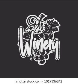 Wine logo template. Drink, alcoholic graffiti art, beverage symbol. Vine icon and typography design. Winery premium quality sign. Stock vector label illustration isolated on dark background.