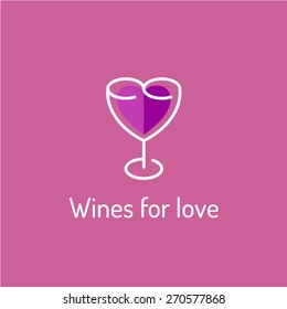 Wine logo template. Linear contour style heart shaped glass. Wine list menu title symbol.