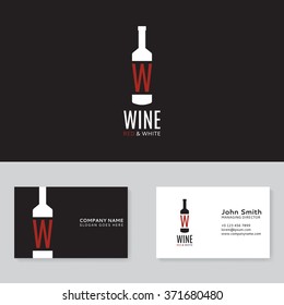 Plantilla del logotipo del vino. Vector Plantilla de la tarjeta de visita. Logotipo del vino tinto y blanco en forma de botella de vino y la letra W.