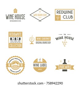 Wine logo templates. Bottle, glass, bunch of grapes. Vintage style wine badges and labels.