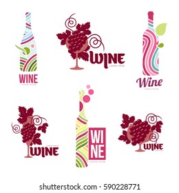 Wine logo templates for your design. Bottle, glass, bunch of grapes. Wine badges, labels. banners, advertisements, brochures, business templates. Vector illustration isolated on white background.