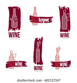 Wine logo templates for your design. Bottle, glass, bunch of grapes. Wine badges, labels. banners, advertisements, brochures, business templates. Vector illustration isolated on white background.