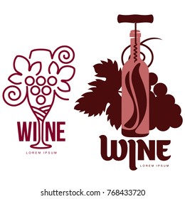 Wine logo templates for your design. Bottle, glass, bunch of grapes. Wine badges, labels. banners, advertisements, brochures, business templates. Vector illustration isolated on white background