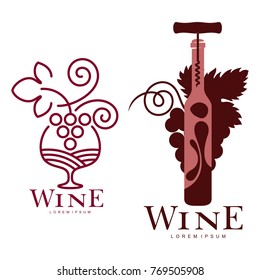 Wine logo templates for your design. Bottle, glass, bunch of grapes. Wine badges, labels. banners, advertisements, brochures, business templates. Vector illustration isolated on white background