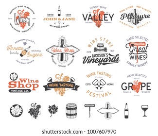 Wine logos, labels set. Winery shop, vineyards badges collection. Retro Drink symbol. Typographic design illustration. Stock vector emblems and icons isolated on white background.