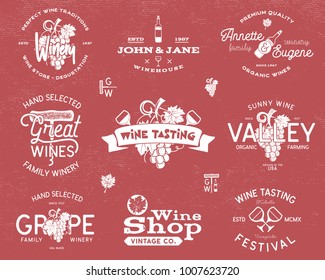 Wine logos, labels set. Winery, wine shop, vineyards badges collection. Retro Drink symbol. Typographic design illustration. Stock vector emblems and icons isolated on retro background.