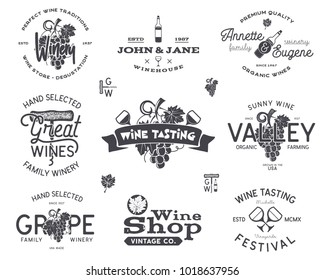 Wine logos, labels set. Winery, wine shop, vineyards badges collection. Retro Drink symbol. Typographic hand drawn design illustration. Stock vector emblems and icons isolated on white background.