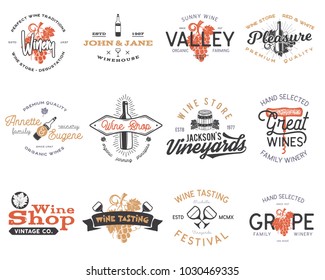Wine logos, labels set. Winery shop, vineyards badges collection. Retro Drink symbol. Typographic design illustration. Stock vector emblems isolated on white background