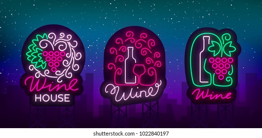 Wine logos set in trendy neon style. Logo, neon signs glowing banner. Bright sign for the menu, bar, restaurant, wine list, wine house, wine label, vineyard winery. Vector illustration
