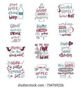 Wine Love Alcohol Drink Phrases Lettering Text Phrases Hand Drawn Logo Badge Vector Illustration