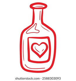 Wine of love. Hand drawn doodle. Romantic elixir. Glass bottle with drink. Alcoholic cocktail. Beverage. Vector line art illustration.