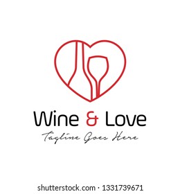 wine love logo design template. consisting of a wine glass and bottle icon on hearth icon with line art concept. bar, cafe, restaurant symbol icon