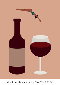 Wine lover or addict concept. Young african woman addicted to red wine. Female character jumping into glass from bottle. Wine tasting, wine festival. Flat minimalistic vector illustration