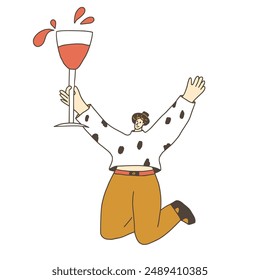 Wine lover. Happy person with huge wineglass. Cute character with alcohol beverage. Vector hand drawn illustration isolated on white background.