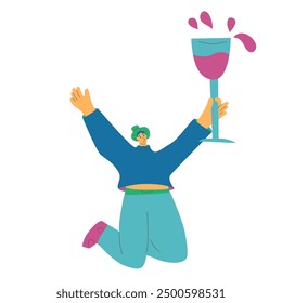 Wine lover. Happy person with huge wineglass. Cute character with alcohol beverage. Vector hand drawn illustration isolated on white background.