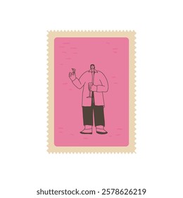 Wine lover on postage stamp. Tasting event square zigzag edges emblem. Party with alcohol drinks. Man with wineglass and tapas have fun. Vector hand drawn doodle illustration.