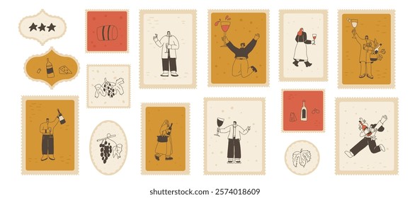 Wine lover on postage stamps set. Tasting event square zigzag edges emblem. Party with grape alcohol drinks. Women and man with wineglasses visit a vineyard. Vector hand drawn doodle illustration.